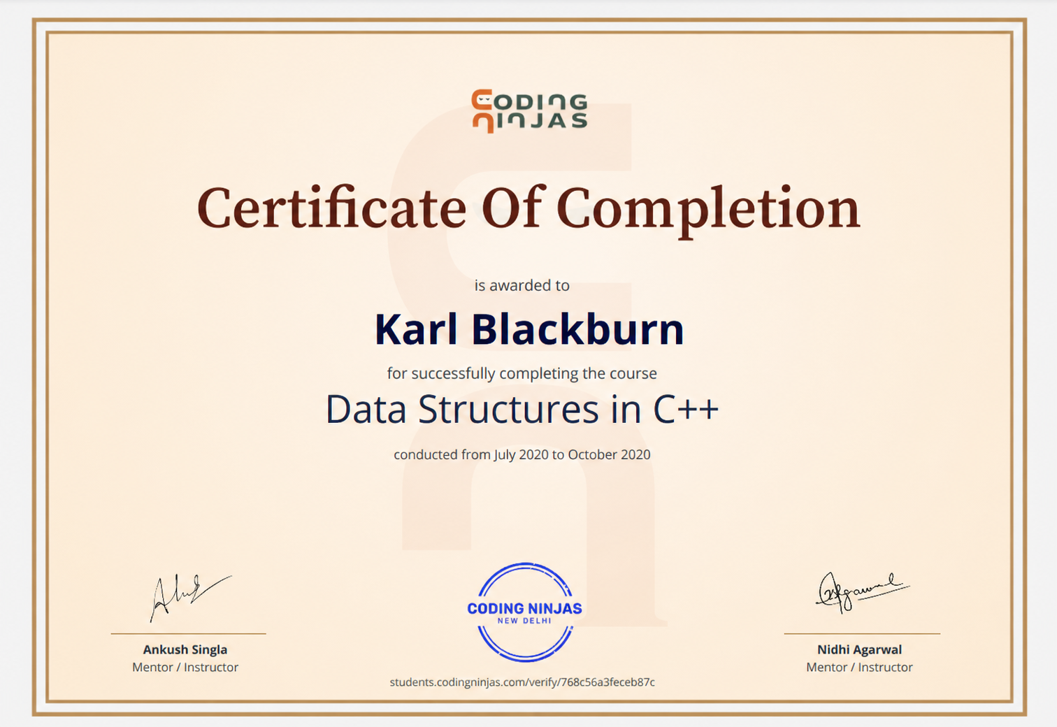 Karl Blackburn - Certificate of Completion - Data Structures in C++